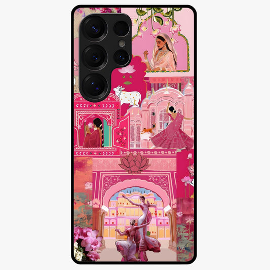 Blossoms of Rajasthan Glass Case showing flat back view with traditional floral artwork inspired by Rajasthan and glossy glass finish.