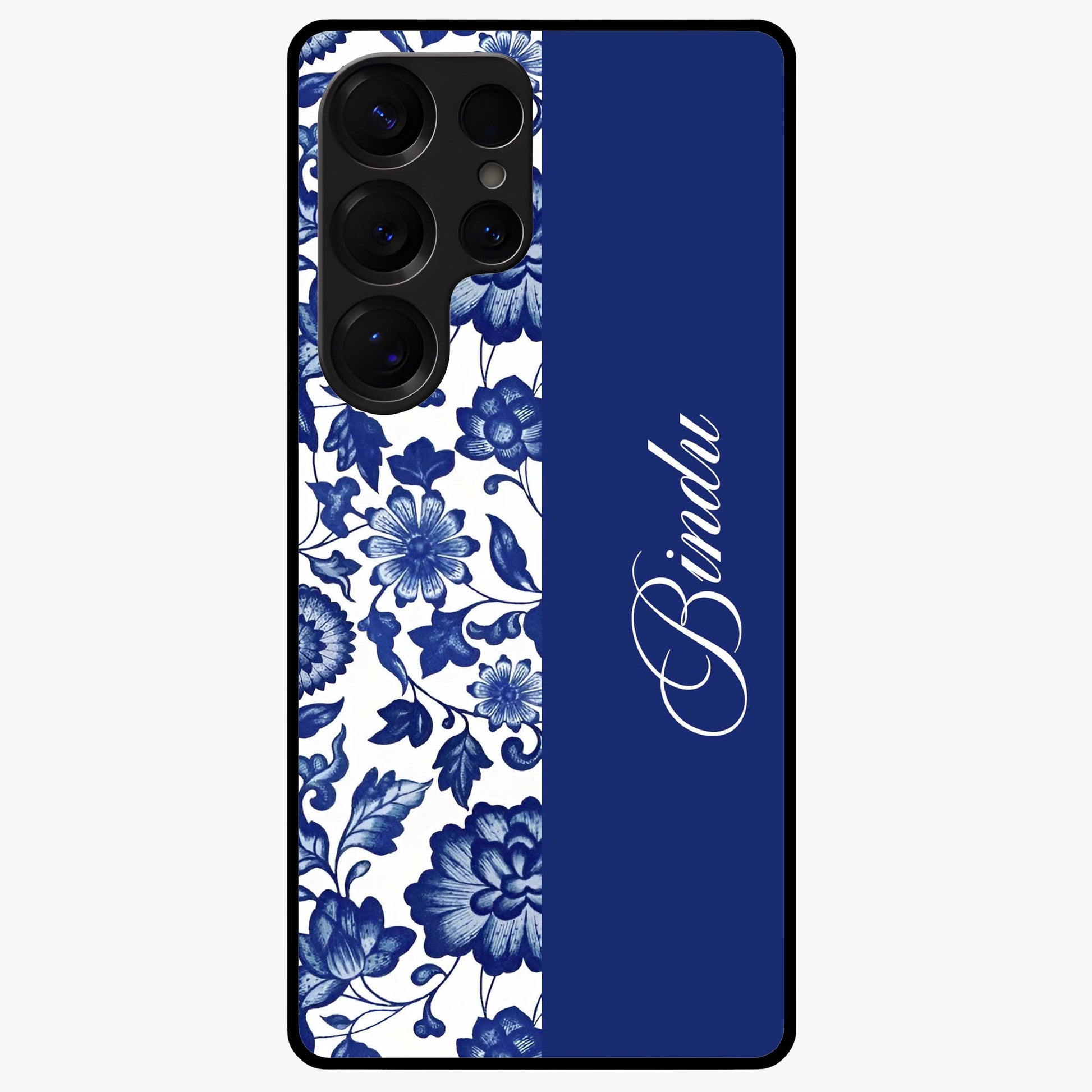 Blue Vintage Floral Pattern Glass Case upright view showcasing timeless floral illustration with vintage inspired style.