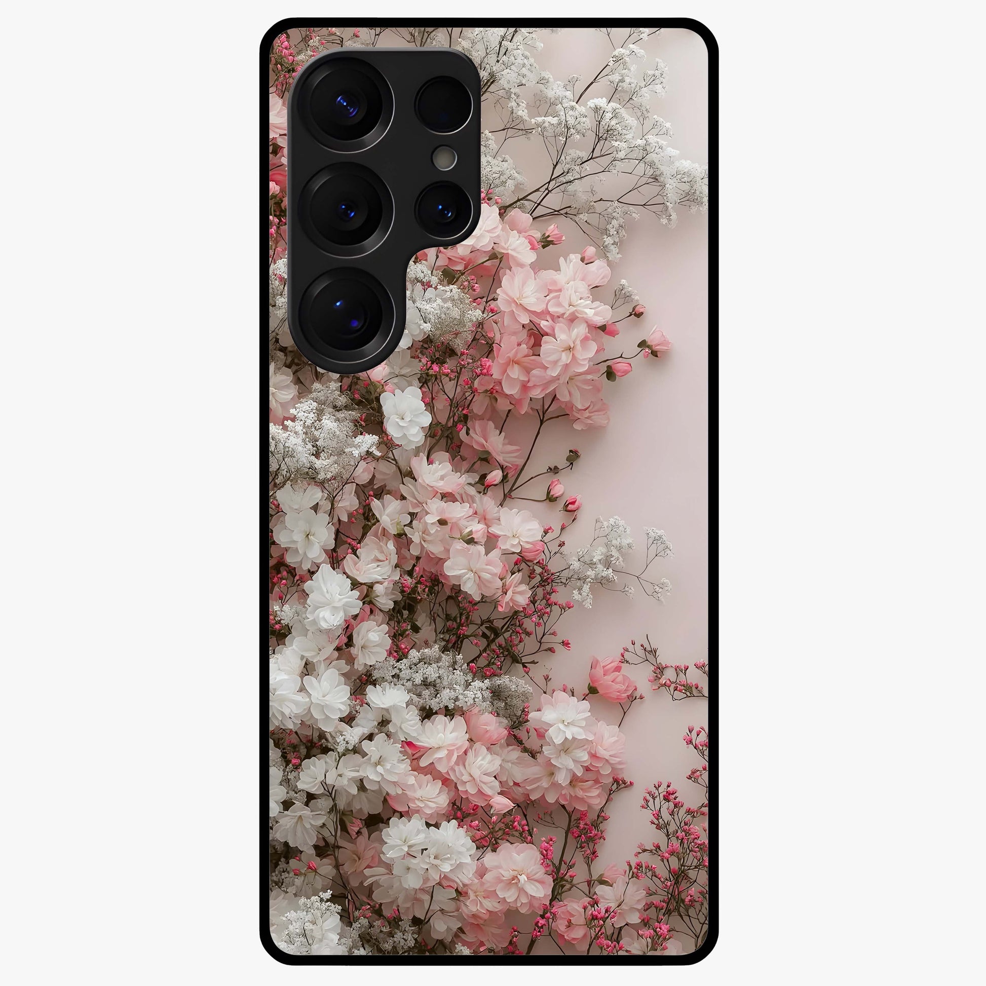 Blush Blossom Cloud Glass Case showing flat back view with dreamy blush cloud blossom artwork and glossy glass finish.