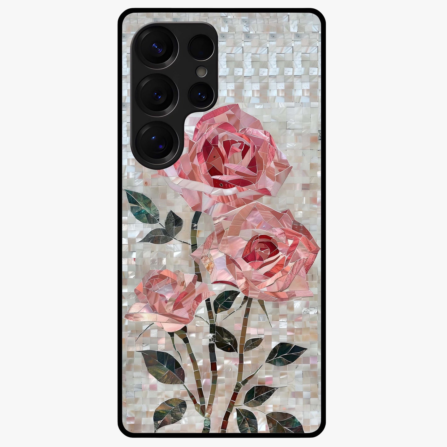 Blush Mosaic Bloom Glass Case showing flat back view with mosaic floral bloom artwork and glossy glass finish.