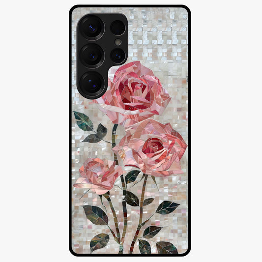 Blush Mosaic Bloom Glass Case showing flat back view with mosaic floral bloom artwork and glossy glass finish.