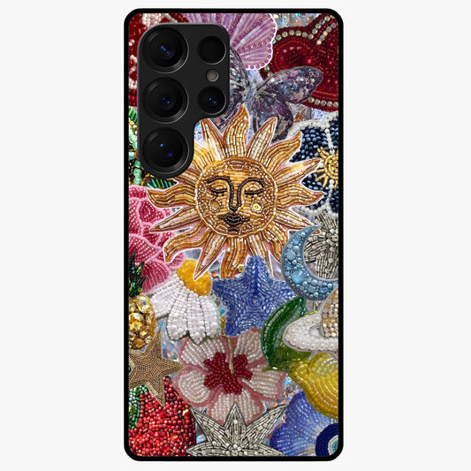 Celestial Floral and Playful Glass Case showing flat back view with floral and celestial themed artwork and glossy glass finish.