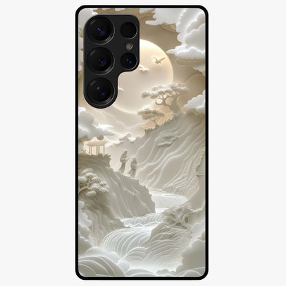 Celestial Origami Glass Case showing flat back view with artistic origami inspired celestial artwork and glossy glass finish.