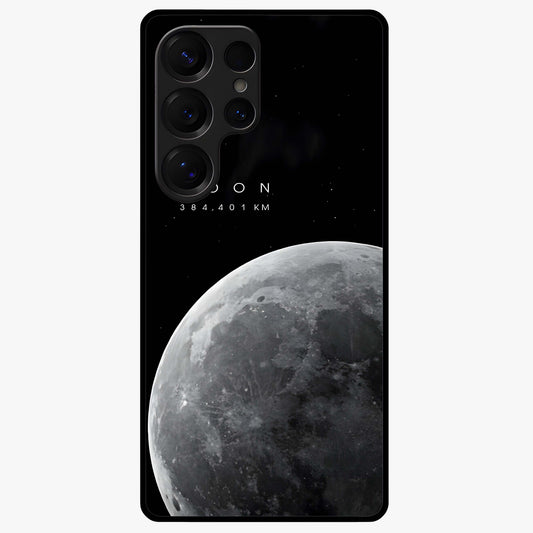 Cosmic Moon Glow Glass Case showing flat back view with glowing moon artwork and glossy glass finish.