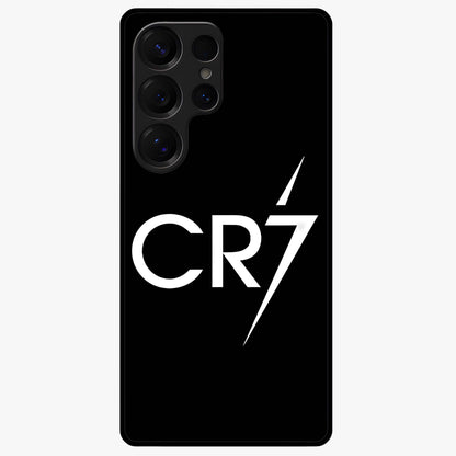 Cr7 Elite Strike Glass Case showing flat back view with dynamic football inspired artwork and glossy glass finish.