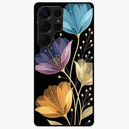 Delicate Multicolor Flowers Glass Case showing flat back view with vibrant floral artwork and glossy glass finish.