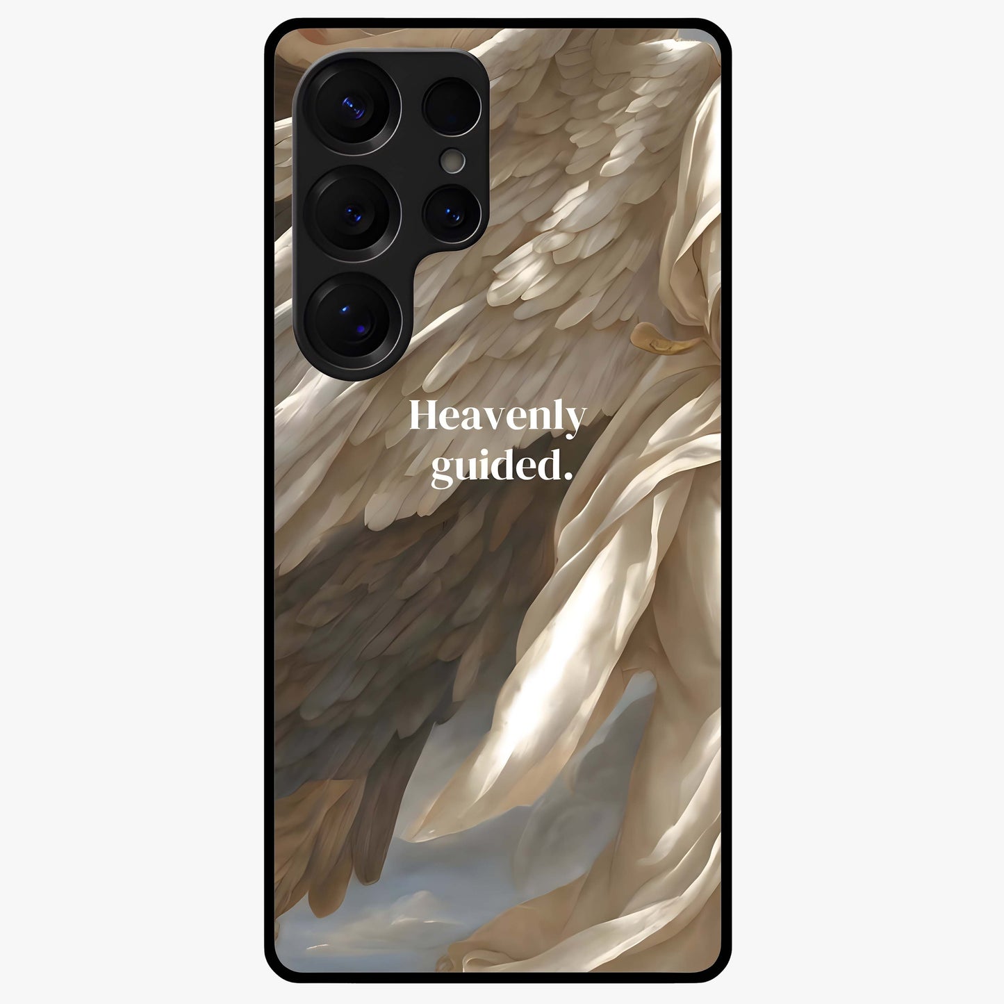 Divine Winged Grace Glass Case showing flat back view with elegant wing inspired artwork and glossy glass finish.