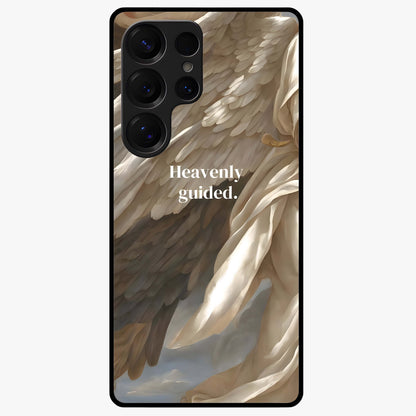 Divine Winged Grace Glass Case showing flat back view with elegant wing inspired artwork and glossy glass finish.