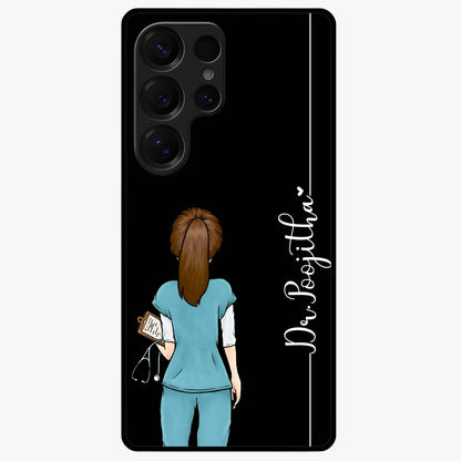 Doctor Pattern Custom Name Glass Case showing flat back view with medical themed pattern and personalized name design.