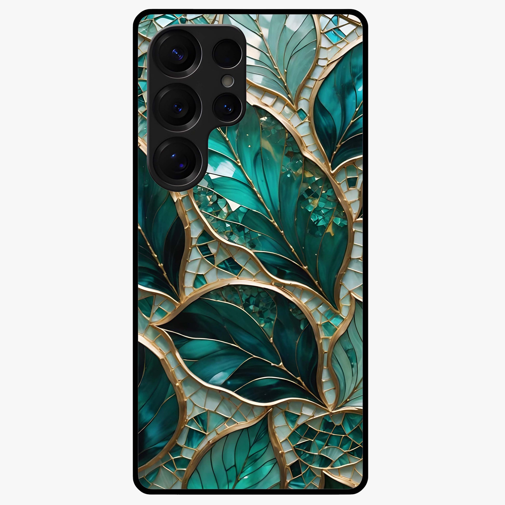 Emerald Leaf Glass Glass Case showing flat back view with emerald green leaf artwork and glossy glass finish.