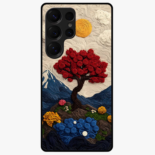 Eternal Nature Tapestry Glass Case showing flat back view with intricate nature tapestry artwork and glossy glass finish.