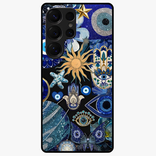 Evil Eye Charm Mix Glass Case showing flat back view with multiple evil eye charms artwork and glossy glass finish.