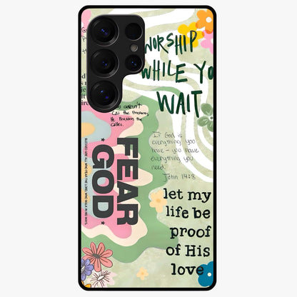 Faith Over Fear Glass Case showing flat back view with motivational typography artwork and glossy glass finish.