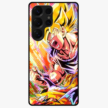 Firing Goku Glass Case showing flat back view with powerful anime inspired artwork and glossy glass finish.