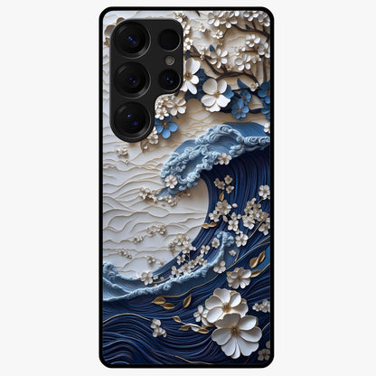 Floral Wave Origami Glass Case showing flat back view with origami inspired floral wave artwork and glossy glass finish.