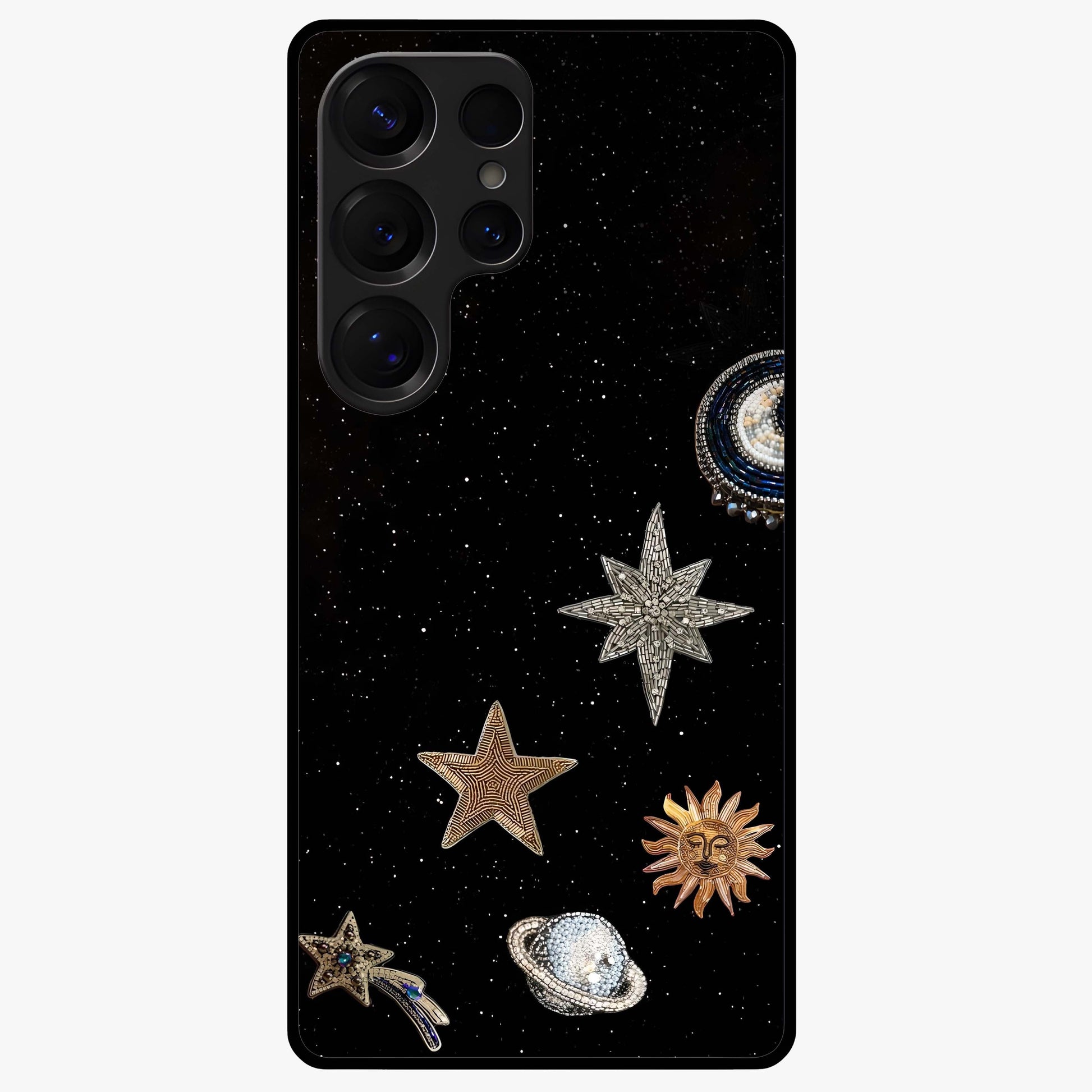 Galactic Charm Glow Glass Case showing flat back view with glowing celestial charm artwork and glossy glass finish.