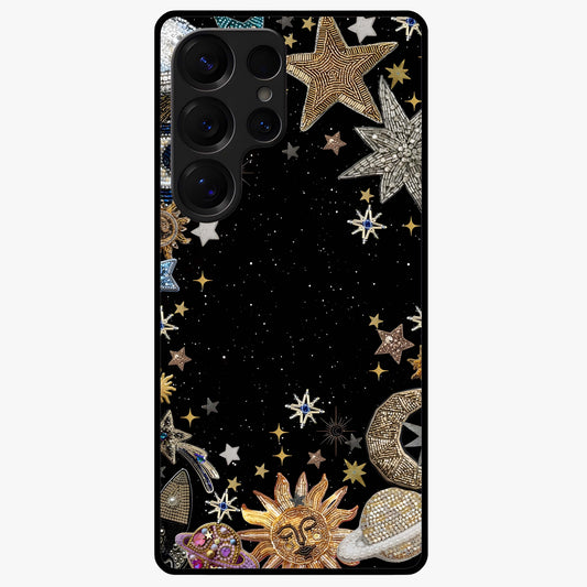 Galactic Jewel Stars Glass Case showing flat back view with sparkling star jewel artwork and glossy glass finish.