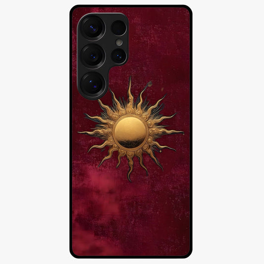 Gold Sun Blush Glass Case showing flat back view with golden sun inspired artwork and glossy glass finish.