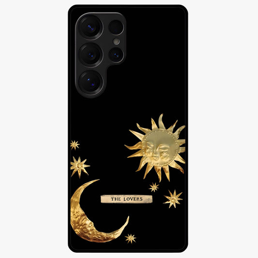 Golden Celestial Charm Glass Case showing flat back view with golden celestial charm artwork and glossy glass finish.