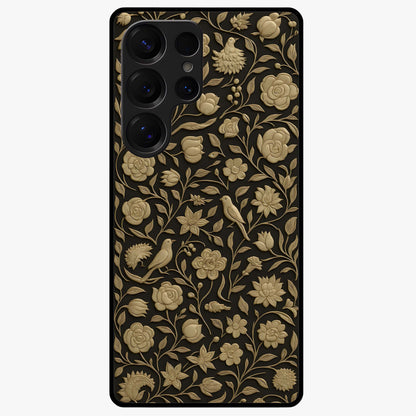 Golden Floral Majesty Glass Case showing flat back view with luxurious golden floral artwork and glossy glass finish.