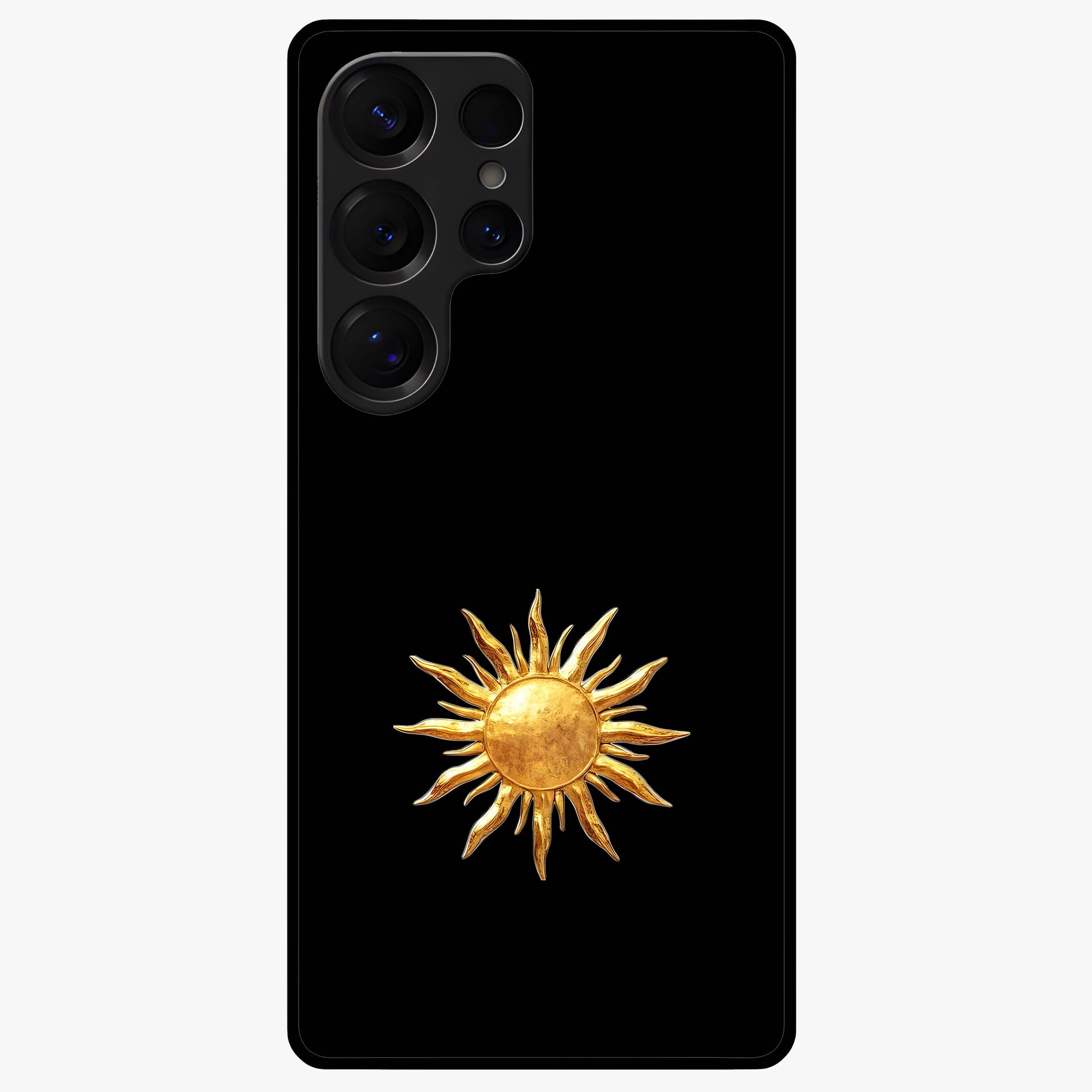 Golden Sun Minimalism Glass Case showing flat back view with minimal golden sun artwork and glossy glass finish.