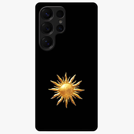 Golden Sun Minimalism Glass Case showing flat back view with minimal golden sun artwork and glossy glass finish.