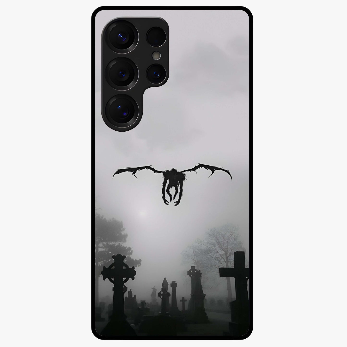 Graveyard Shadow Descent Glass Case showing flat back view with dark graveyard themed artwork and glossy glass finish.
