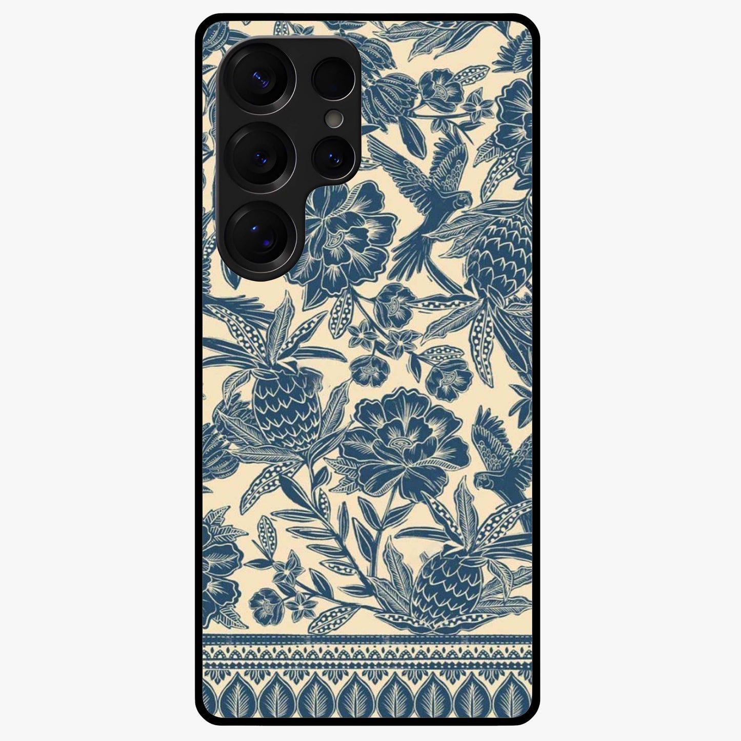 Heirloom Wild Bloom Glass Case showing flat back view with vintage inspired wild flower artwork and glossy glass finish.