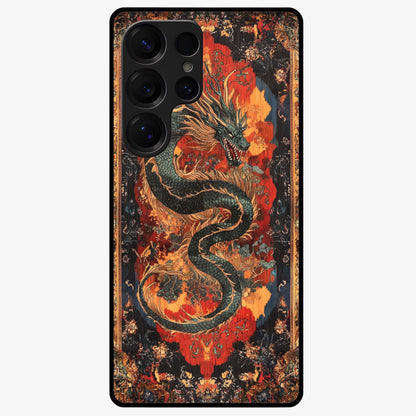 Inferno Dragon Soul Glass Case showing flat back view with fiery dragon artwork and glossy glass finish.