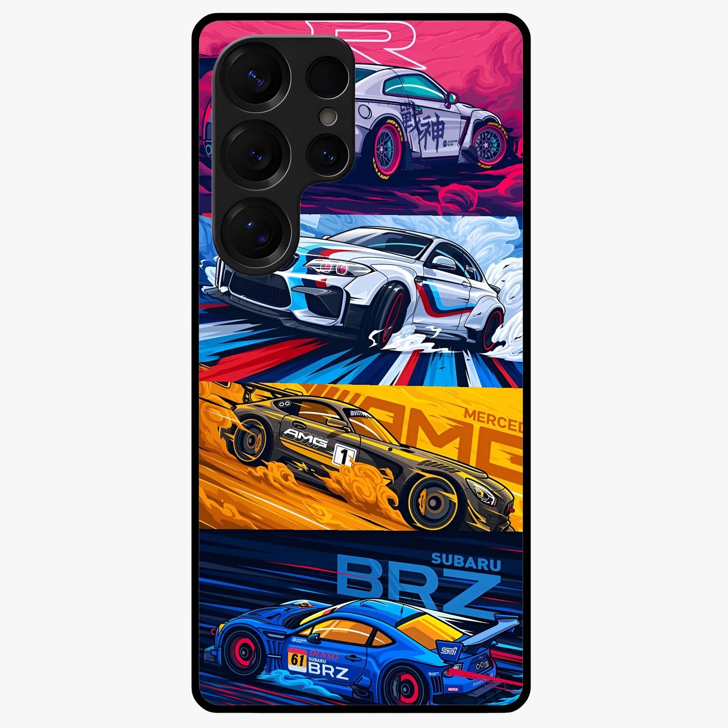 JDM Sports Car Glass Case showing flat back view with high performance sports car artwork and glossy glass finish.