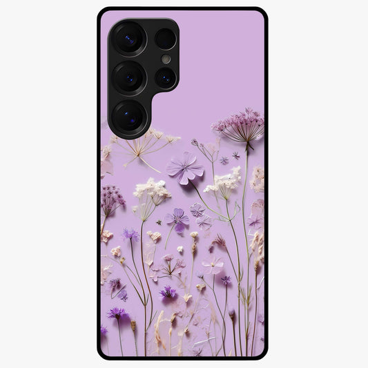 Lavender Blossom Dream Glass Case showing flat back view with soft lavender floral artwork and glossy glass finish.