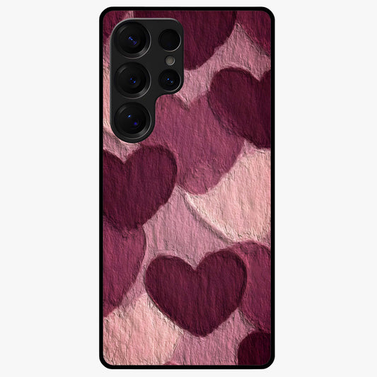 Layered Paper Hearts Glass Case showing flat back view with layered paper heart artwork and glossy glass finish.