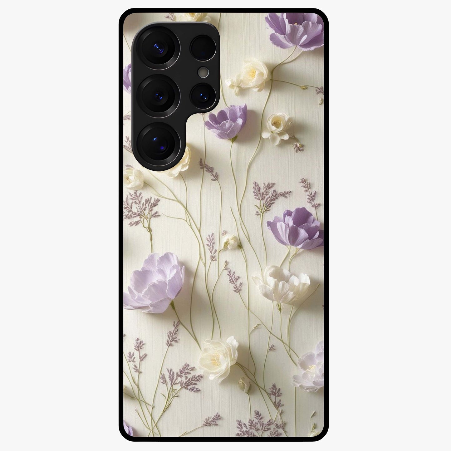 Lilac Breeze Harmony Glass Case showing flat back view with soft lilac themed artwork and glossy glass finish.