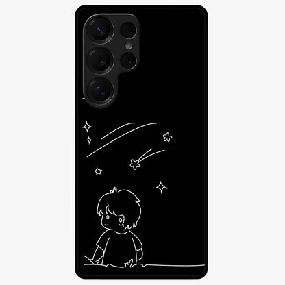 Line Art Boy With Shooting Stars Glass Case showing flat back view with minimal line art boy and shooting stars illustration and glossy glass finish.