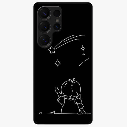 Line Art Girl With Shooting Stars Glass Case showing flat back view with minimal line art girl and shooting stars illustration and glossy glass finish.