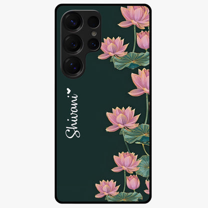 Lotus Bloom Serenity Custom Name Glass Case showing flat back view with elegant lotus flower artwork and personalized name design.