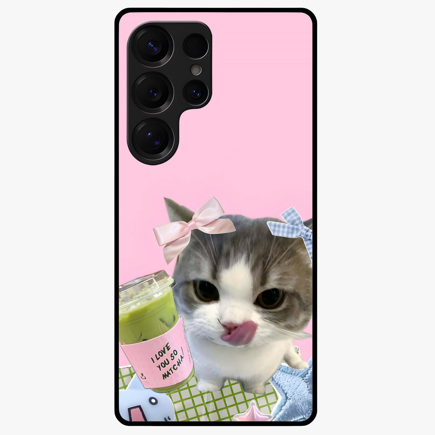 Love Matcha Cat Glass Case showing flat back view with cute cat and matcha themed artwork and glossy glass finish.