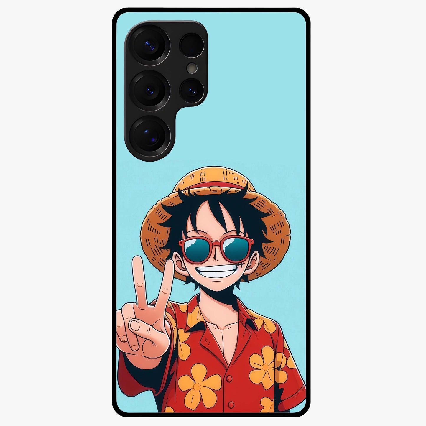 Luffy Summer Anime Vibe Glass Case showing flat back view with vibrant anime character artwork and glossy glass finish.