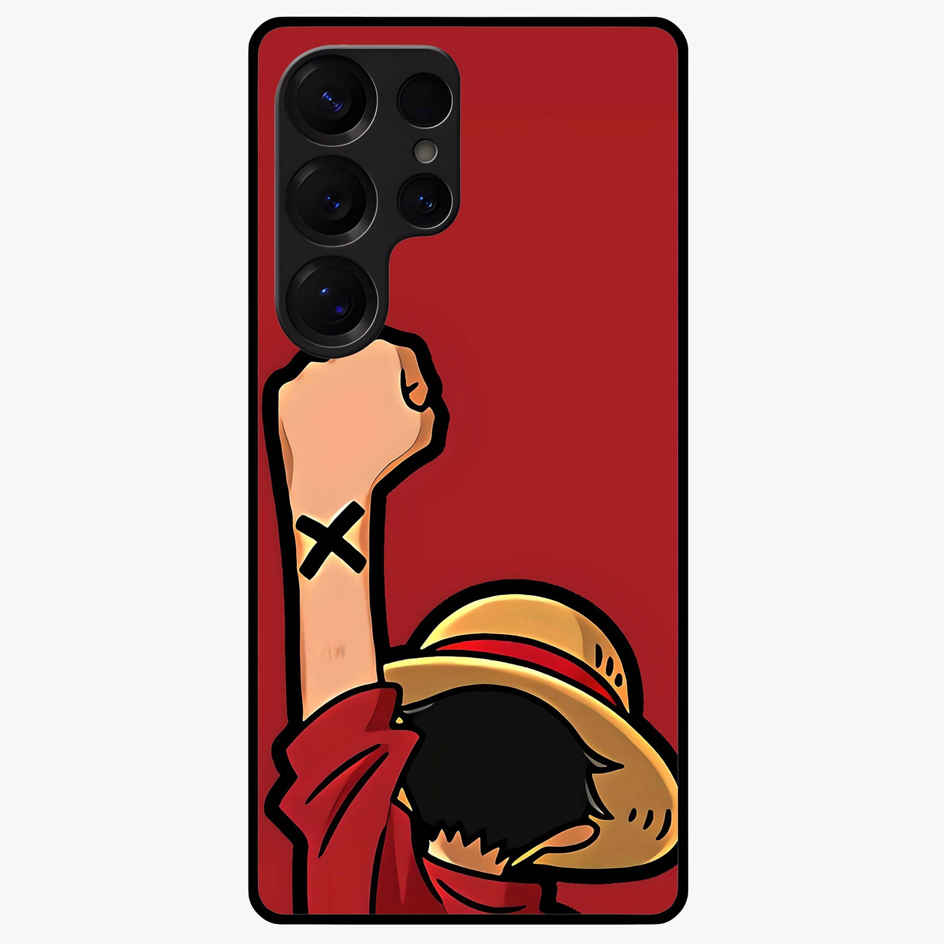 Luffy X Spirit Glass Case showing flat back view with bold anime character artwork and glossy glass finish.