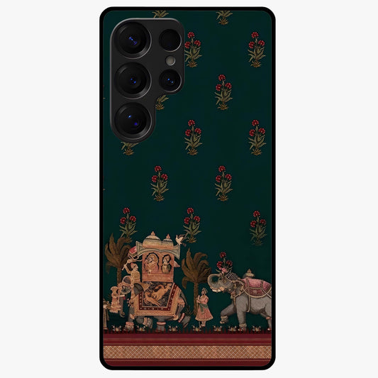 Macmerise Glass Case showing flat back view with stylish modern artwork and glossy glass finish.