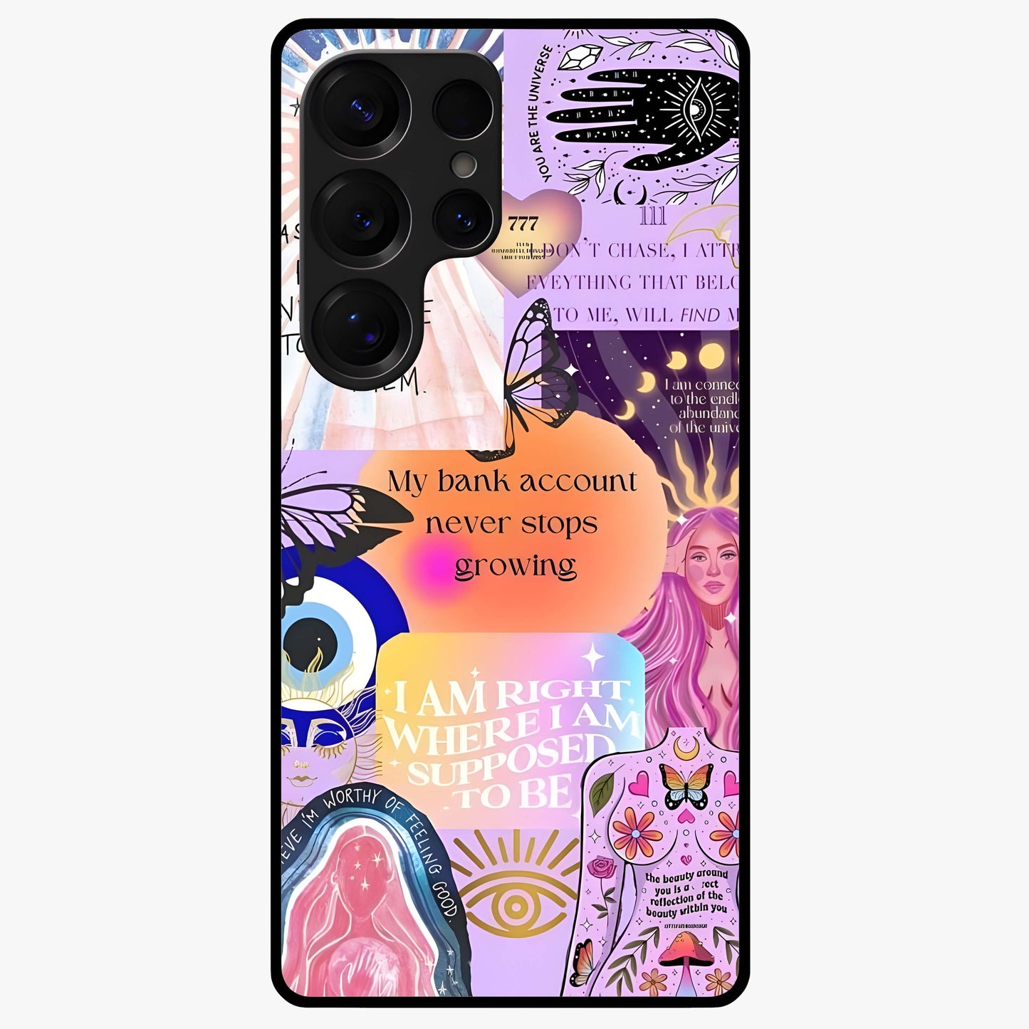Manifestation Collage Glass Case showing flat back view with motivational collage artwork and glossy glass finish.