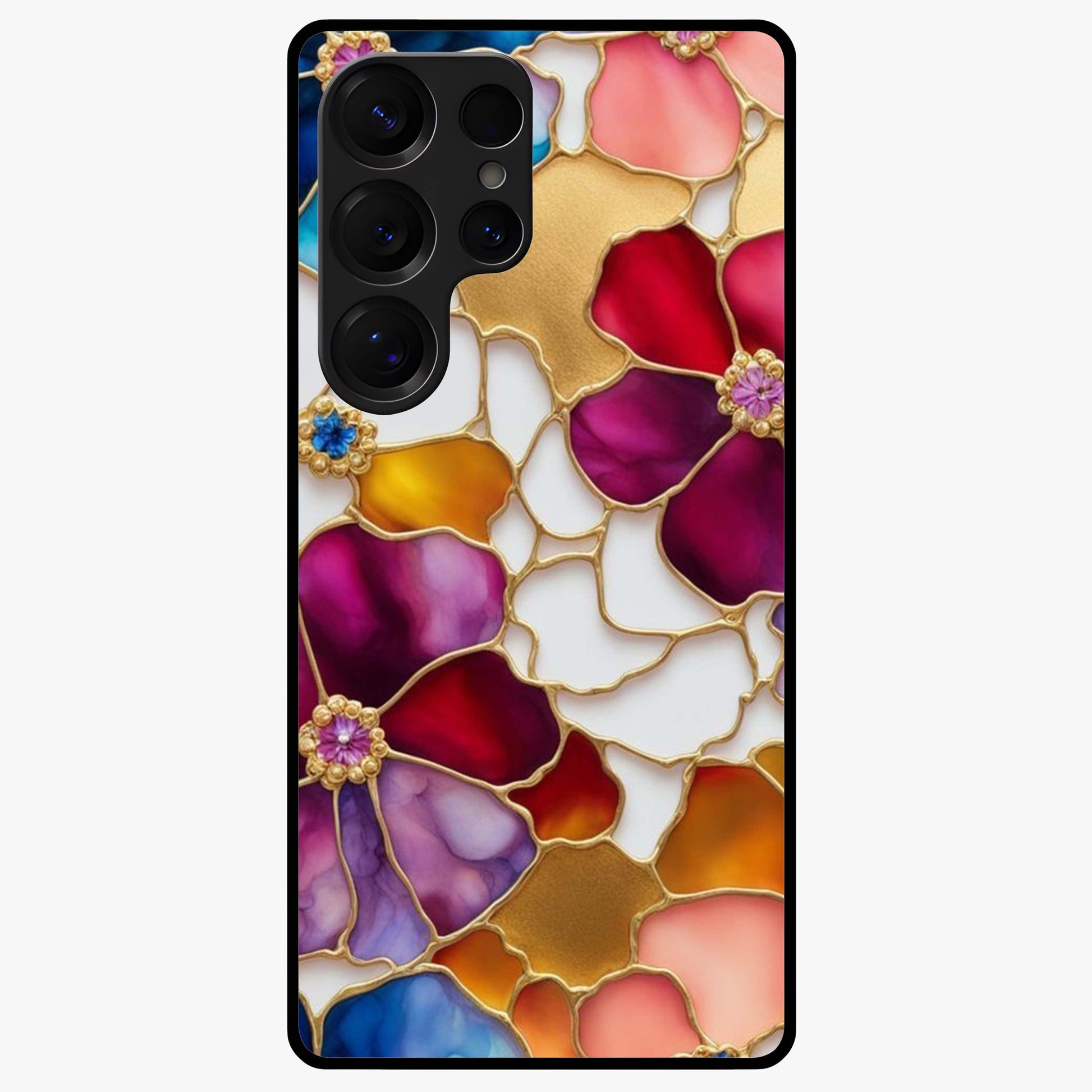 Marble Flower Pattern Glass Case showing flat back view with marble texture floral artwork and glossy glass finish.