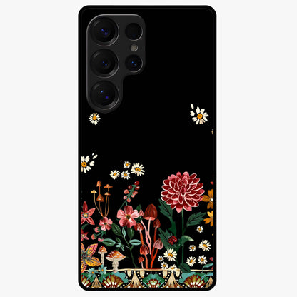 Midnight Bloom Pattern Glass Case showing flat back view with dark floral pattern artwork and glossy glass finish.