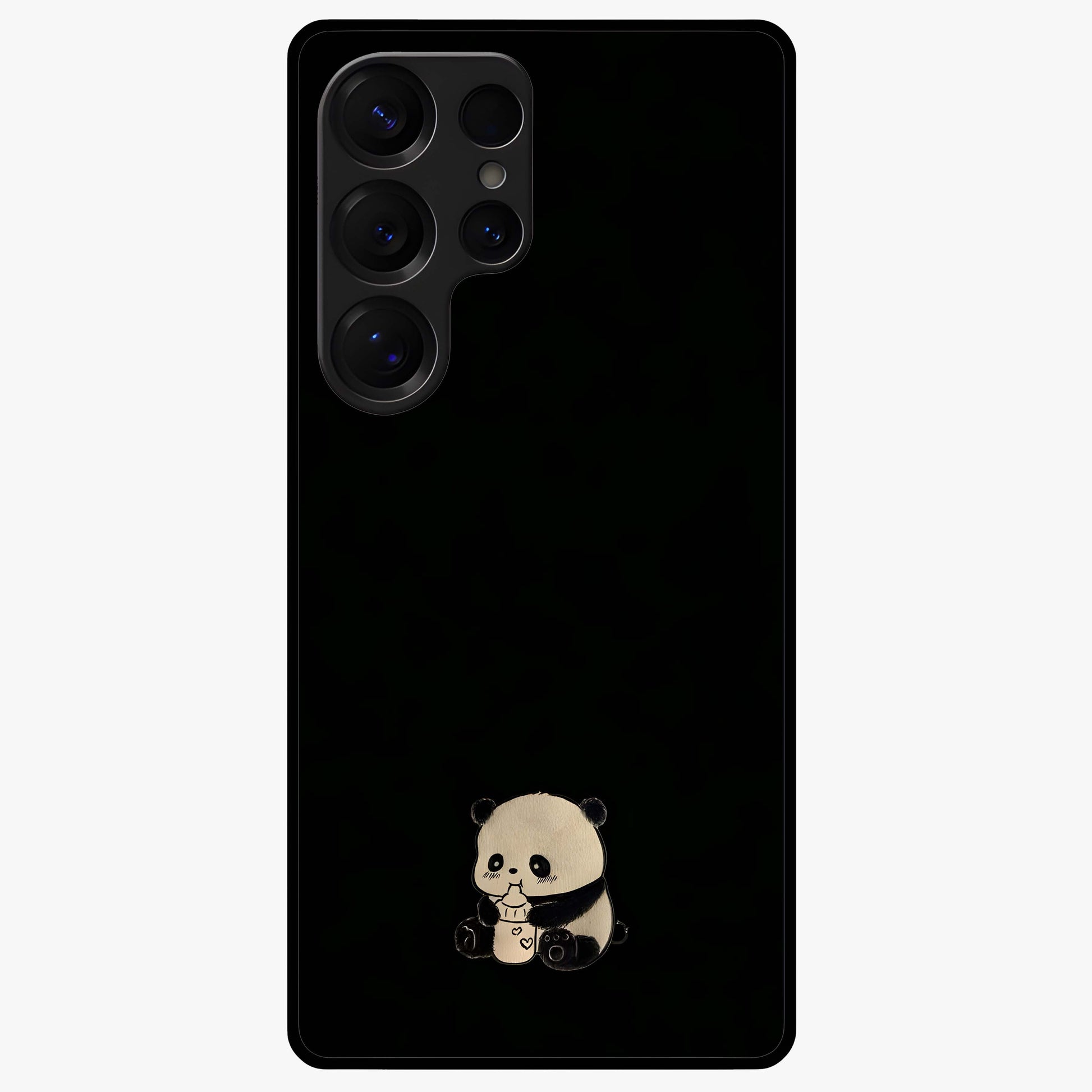 Midnight Panda Love Glass Case showing flat back view with cute panda themed artwork and glossy glass finish.