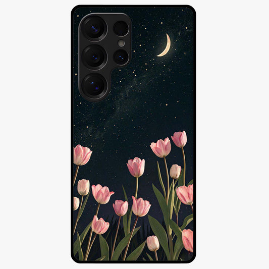 Midnight Tulip Whispers Vibe Glass Case showing flat back view with elegant tulip flower artwork and glossy glass finish.