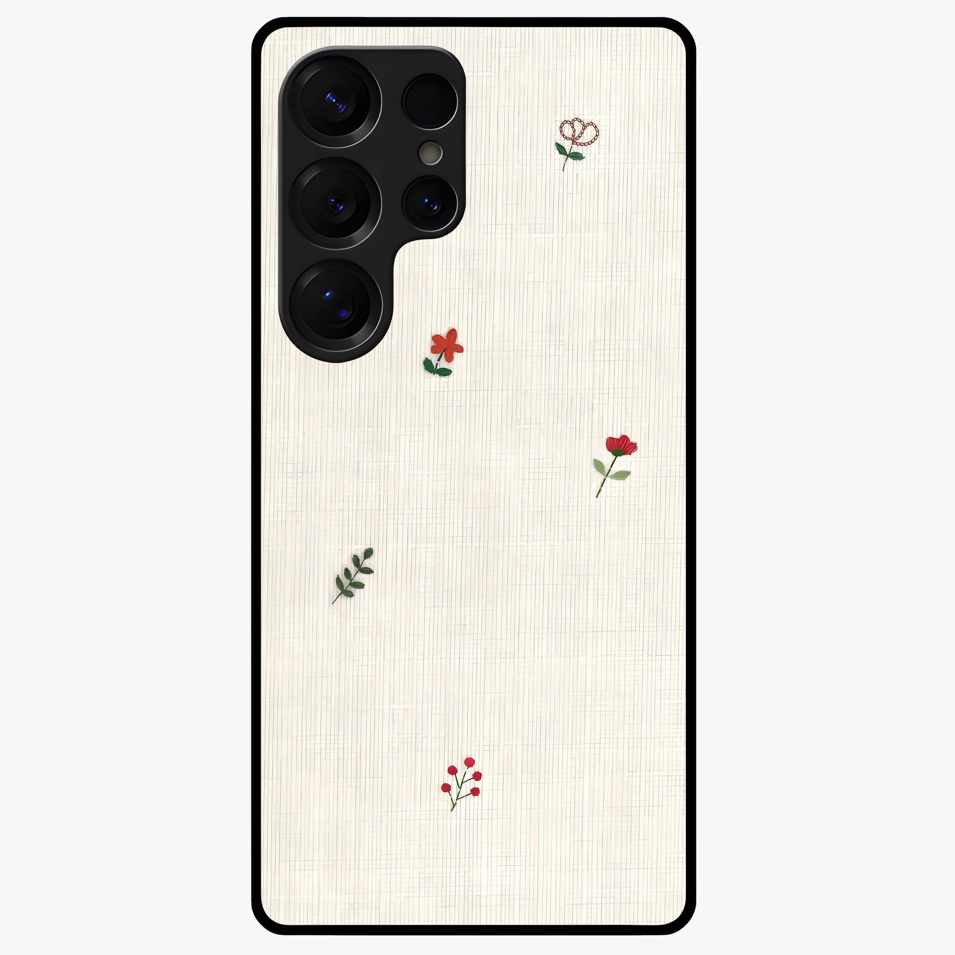 Minimal Petal Whispers Glass Case showing flat back view with soft minimal floral artwork and glossy glass finish.