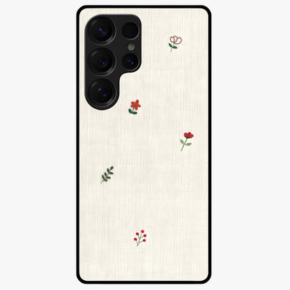 Minimal Petal Whispers Glass Case showing flat back view with soft minimal floral artwork and glossy glass finish.