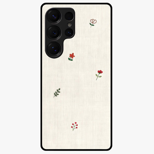 Minimal Petal Whispers Glass Case showing flat back view with soft minimal floral artwork and glossy glass finish.