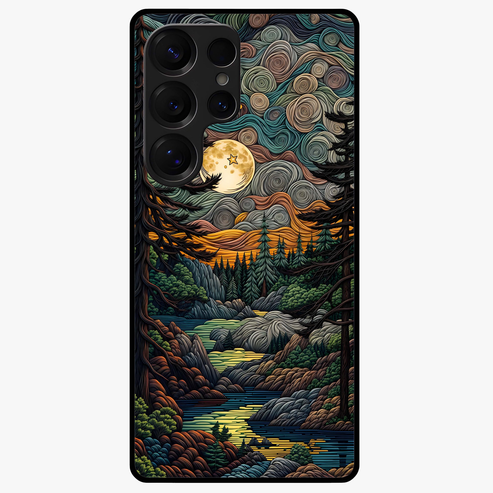Moonlight Forest Dream Glass Case showing flat back view with mystical forest moonlight artwork and glossy glass finish.