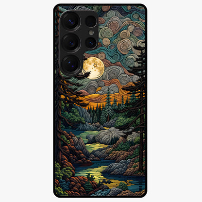 Moonlight Forest Dream Glass Case showing flat back view with mystical forest moonlight artwork and glossy glass finish.